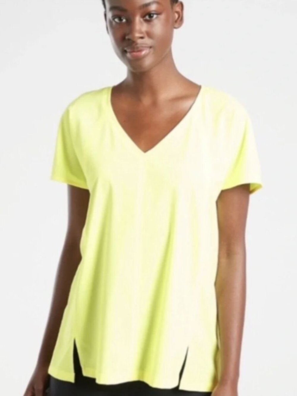 Athleta Boulevard V-Neck Neon Alarm Clock Yellow Short Sleeve Shirt Women's 2X